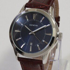 Geneva Men's Dress Watch Silver Tone Navy Blue Dial Brown Strap 42mm